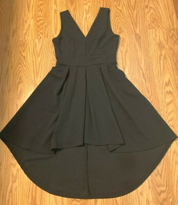 Haute Monde Black Knit Dress Fit and Flair Hi-Low Hem Sleeveless V-Neck M