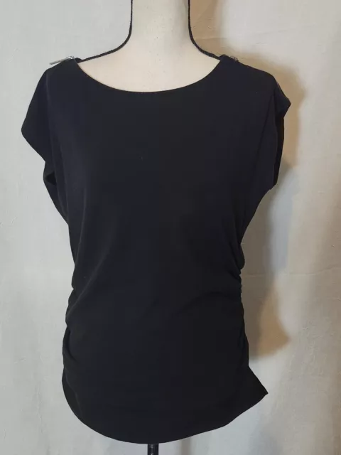Michael Kors Women's Black Ruched Sides T Shirt Top Zipper Accent Sleeves Sz L