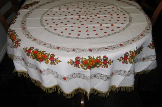 Vintage Tablecloth ~ Bright Flowers On White With Gold Fringe ~ 100% Rayon ~ New