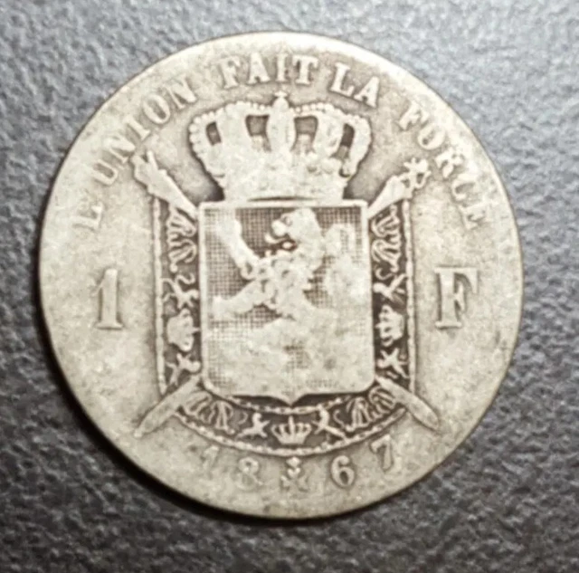 1867 Belgium 1 Franc Silver Coin French Text Leopold II KM 28