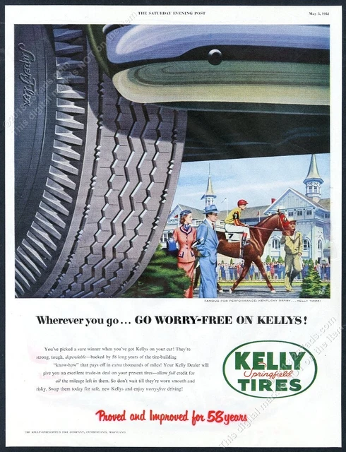 1952 Kentucky Derby Churchill Downs horse art Kelly Tires vintage print ad