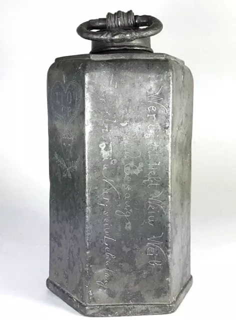 Zinnflasche Feldflasche mit Spruch um 1704 AL801