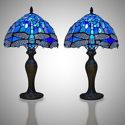 Pair Of Tiffany Style Table Lamps Blue 10" Shade Stained Glass Dragonfly Art UK