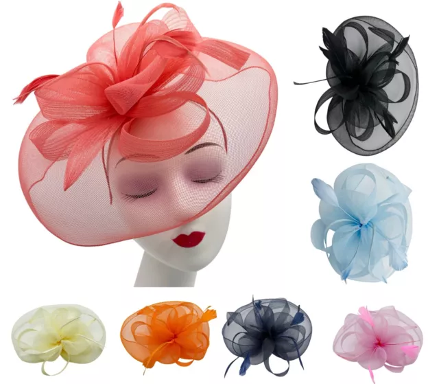 Women Fascinator Headband Clip Large Feather Flower Net Royal Ascot Race Wedding