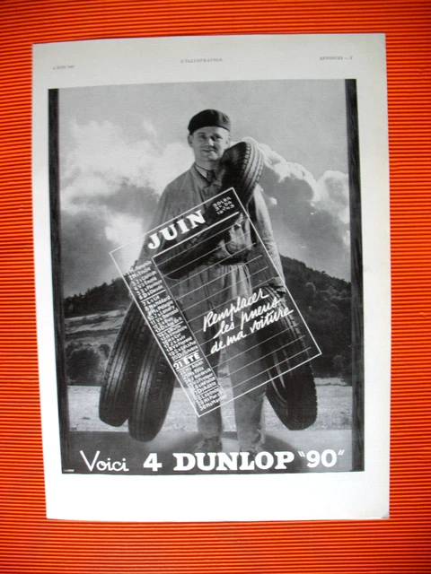 PUBLICITE DE PRESSE DUNLOP PNEU REMPLACEMENT POUR L'éTé AD 1937