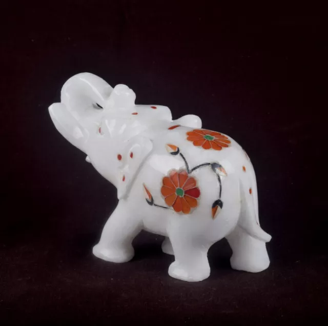 White Marble Elephant Statue Figurine Trunk Up Style Stone Inlay Work Home Decor