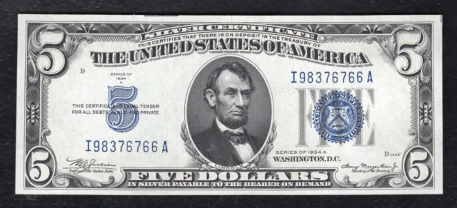 1934-A $5 Five Dollars Silver Certificate Currency Note Gem Uncirculated (C)