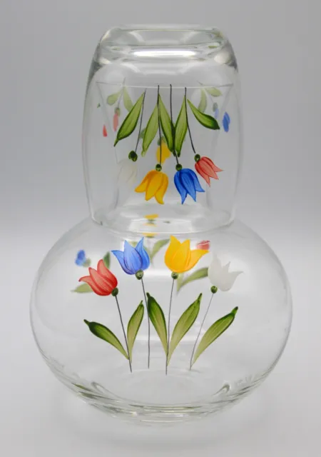 Vintage Clear Glass Hand Painted Tulip Tumble Up Bedside Carafe