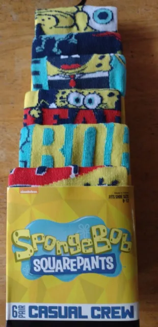 Spongebob Squarepants 6 Pair CREW SOCKS Men Size 8-12 Bioworld NEW Sponge Bob