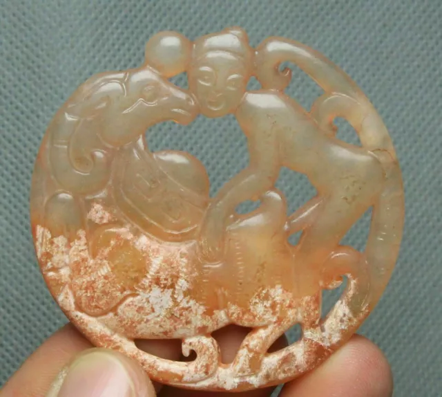 5CM Old China Natural Xiu Jade Carve Woman Horse Yuanbao Yubi Amulet Pendant