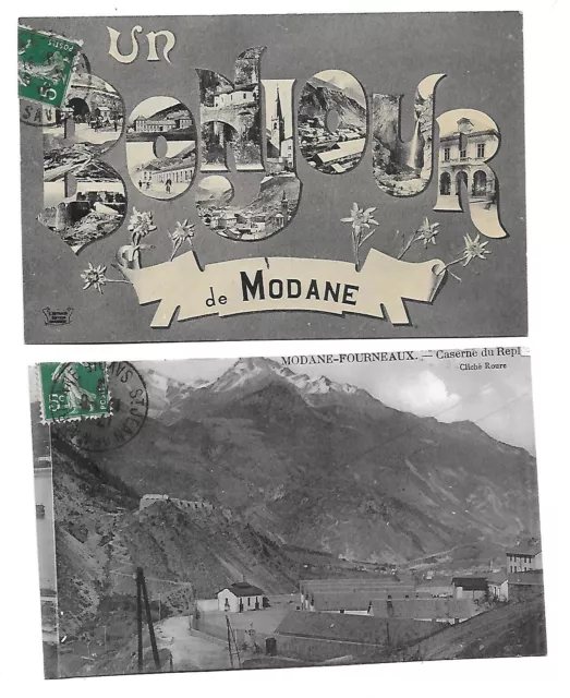 2 CPA carte postale ancienne  un bonjour de Modane casernes edelweiss