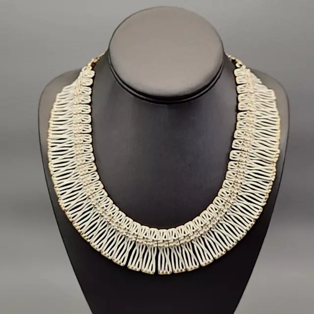 Monet Necklace Earrings Set Vtg Egyptian Revival Bib White Enamel Gold Tone 18" 2