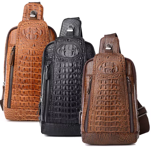 Mens Leather Crocodile Pattern Sling Bag Shoulder Crossbody Satchels Chest Bag