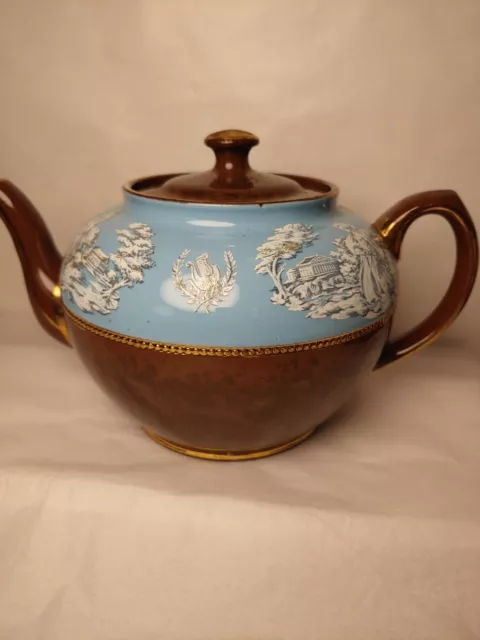 Vintage Sadler Staffordshire England Teapot #2635 Brown/Blue/Gold Trim Greek