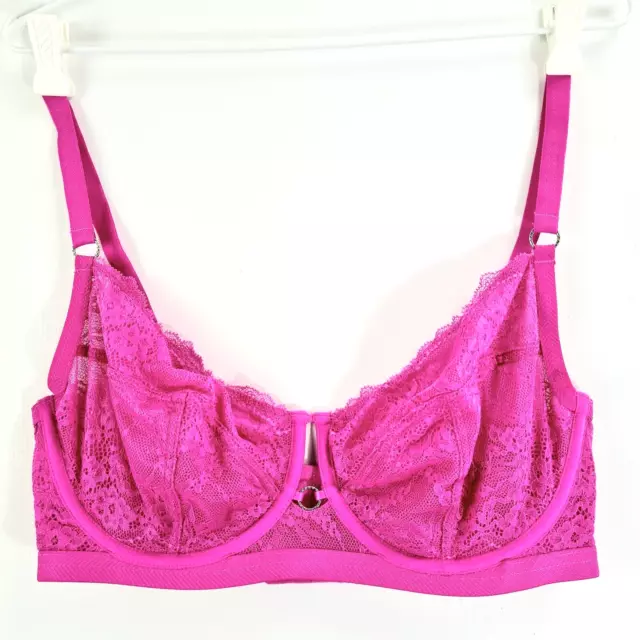 Bras N Things Hot Pink Lace Bra Sheer Lace Soft Cup Underwire Wide Band Size 14E