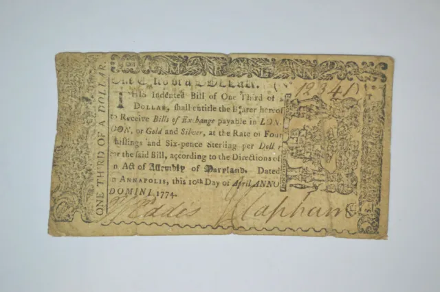 Maryland April 10, 1774 $1/3 Fine- Nice historical note.