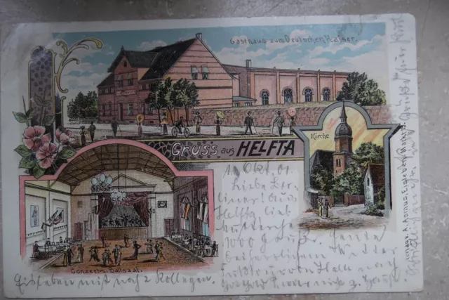 Litho-Ak Gruß aus Helfta bei Eisleben Gasthaus Kirche 1901