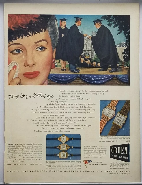 1945 Gruen Watch Graduation Thoughts In A Mother's Eyes WWII Era Color Print Ad