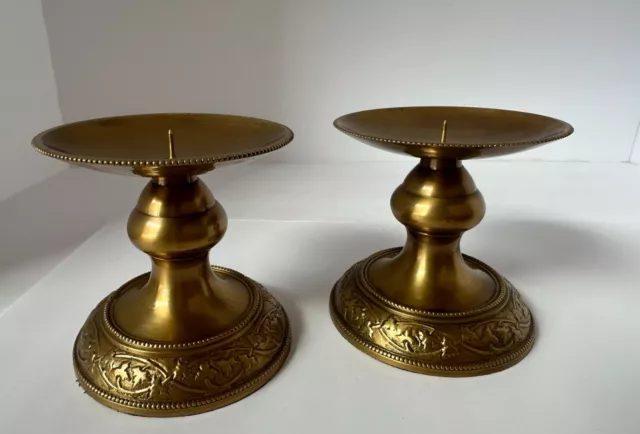 Vintage Solid Brass Pillar Candle Holders Spiked Ornate Pedestal Home Decor MCM