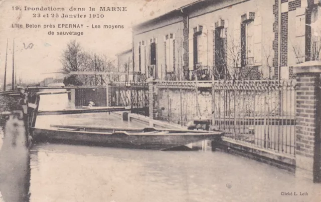CPA 51 L'Ile Belon près EPERNAY Les Moyens de Sauvetage Inondation Marne 1910