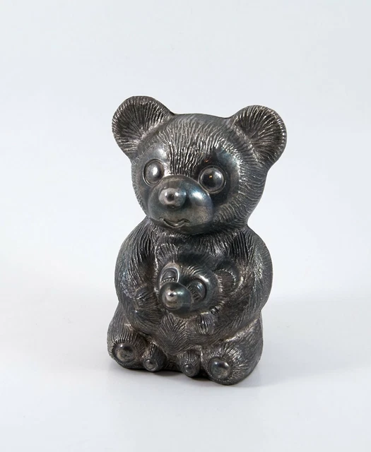 Pewter Piggy Bank Teddy Bear & Baby Bear Vintage 5"