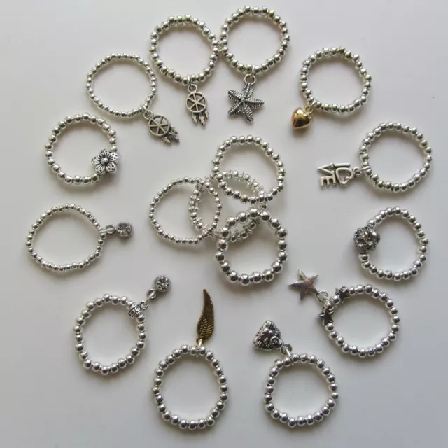 VERKAUF! Atemberaubend schöne Silberkugel Perlen Stretch Finger Ring Weihnachtsgeschenk UK 2