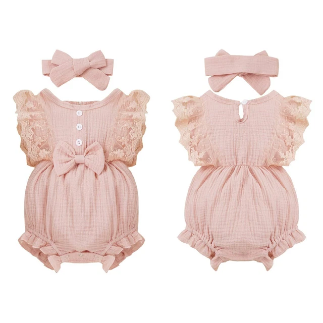 Baby Girls Flying Sleeve Bowknot Front Bodysuit Romper+Bowknot Headband Outfits