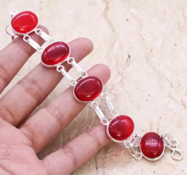 Red Onyx Art Piece 925 Silver Plated Bracelet of 7"