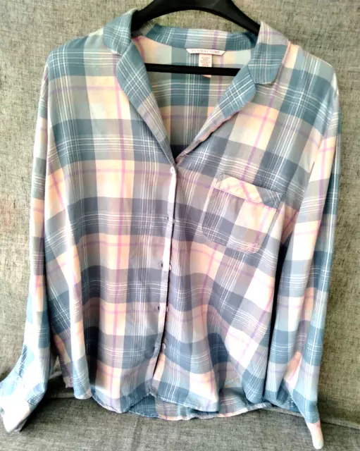 Victorias Secret XL Shirt Pajama Top Plaid Flannel Blue Pink Silver Cotton Blend