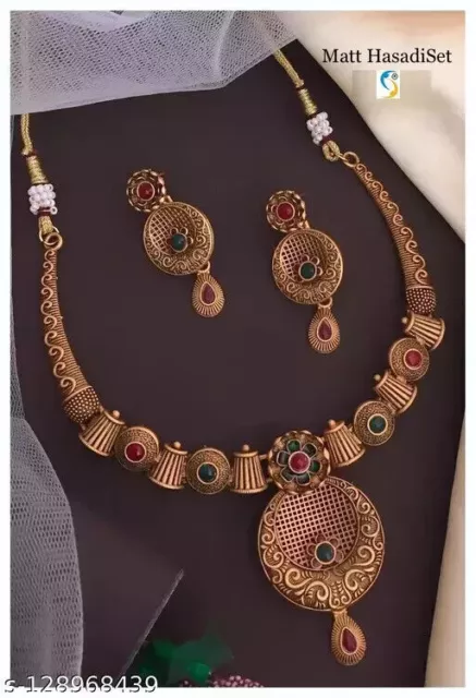 Indian Bollywood Style Gold Plated Choker Necklace Earrings Temple Jewelry Set-