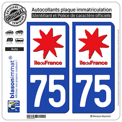 2 Stickers autocollant plaque immatriculation : 75 Ile de France LogoType