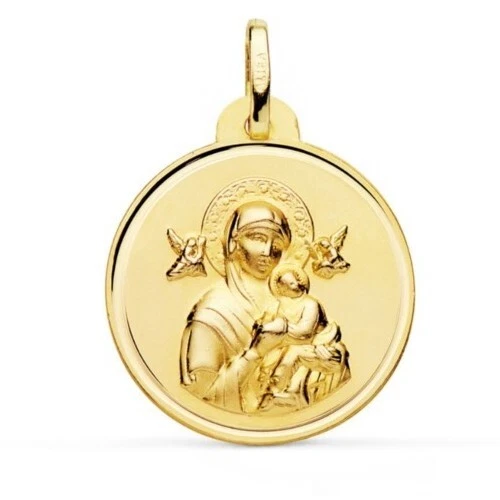 Pendente Oro 18k 750 Mls. Medaglia Vergine Perpetuo Rilievo 22 Mm. 3,35 Grammi