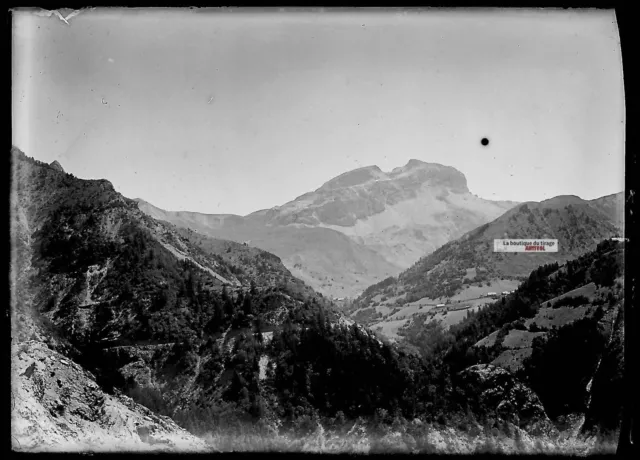Plaque verre photo ancienne négatif noir et blanc 6x9 cm paysage Alpes montagne