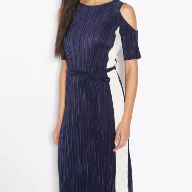 Topshop Pleated Navy Blue Cold Shoulder Midi Dress 4/S Cocktail Party Belted