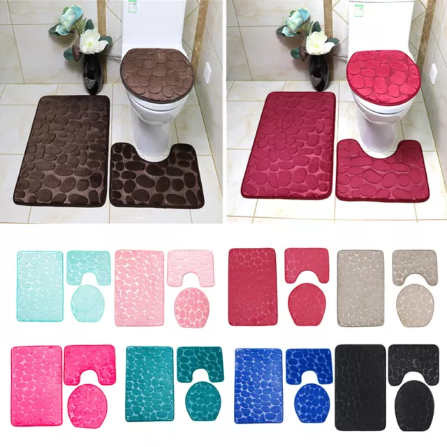 3Pc Bathroom Non-Slip Carpet Set Pedestal Rug+Lid Toilet Seat Cover+Bath Mat Pad