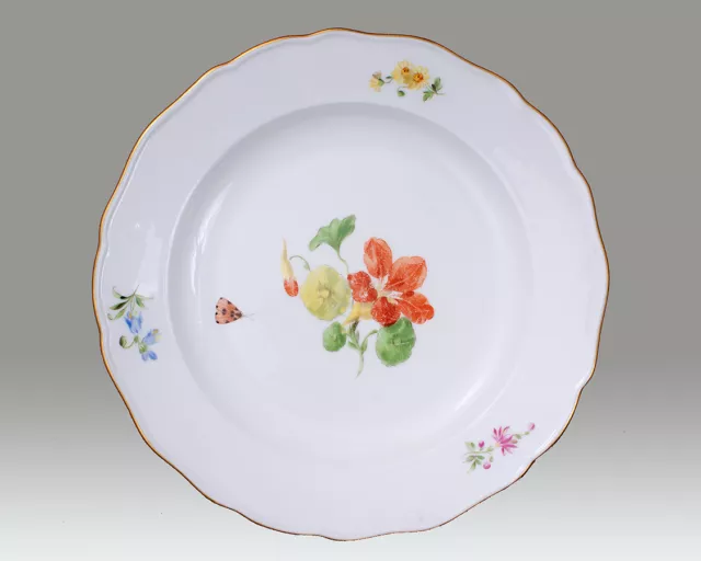 Meissen Teller, 1.Wahl, Bouquet Kapuzinerkresse und Falter, Knaufzeit ab 1860 