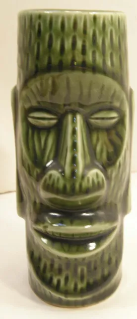 Vintage Green Ceramic Moai Tiki Mug Polynesian Style 6 3/4" Tall