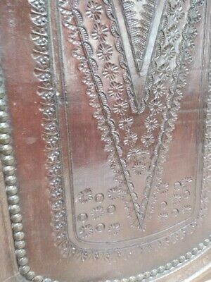 genuine worked leather and wood panel of a church vintage 30's brass nails rare 3