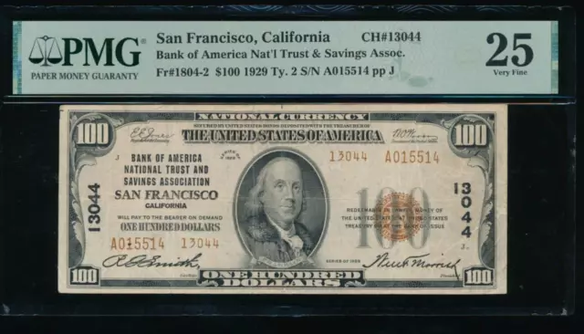 AC 1929 $100 Bank of America San Francisco, California ch# 13044 Type II PMG 25