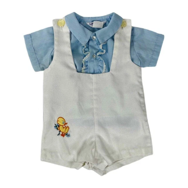 Vintage baby boys 2 piece shortalls button down ruffle shirt duck embroidery