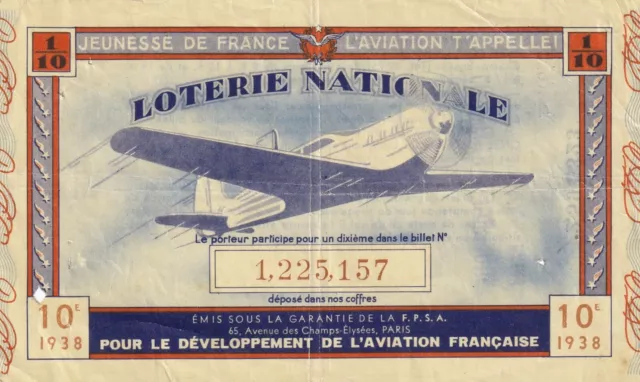 Loterie NATIONALE BILLET 1938 pour le développement de l'aviation française