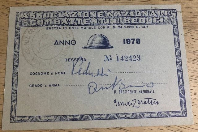 Vintage 1979 Italian National Assoc of Fighters & Veterans Registration Card