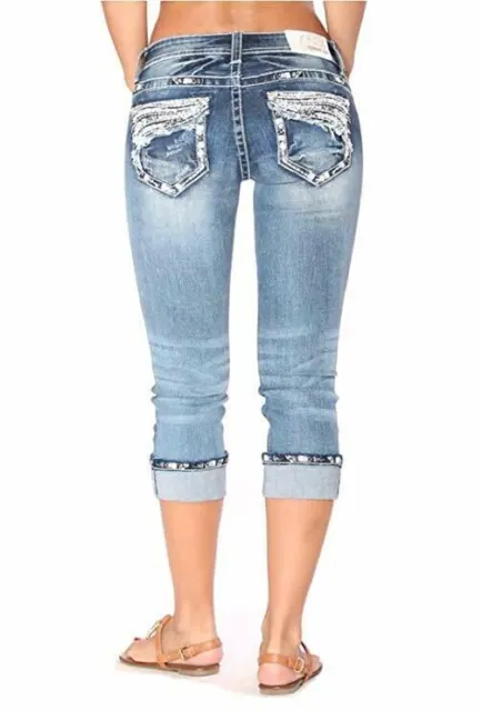 Grace In LA Jeans Plus Capri Mid Rise Cropped Embroidered Bling Stretch Cuffed