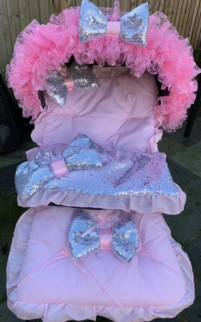 Romany Pram Pushchair - Frilly Bling Pink/Silver Cosytoes Foot Muff + Hood Frill