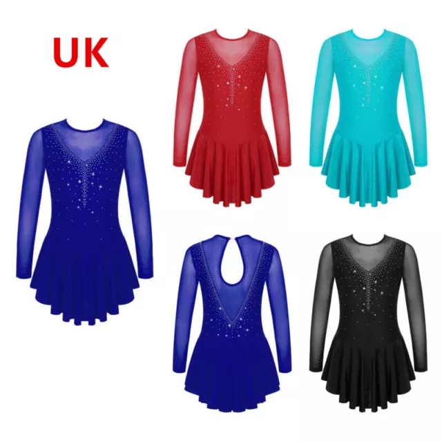 UK Girls Long Sleeve Ice Figure Skating Dress Rhinestone Lyrical Dress Dancewear