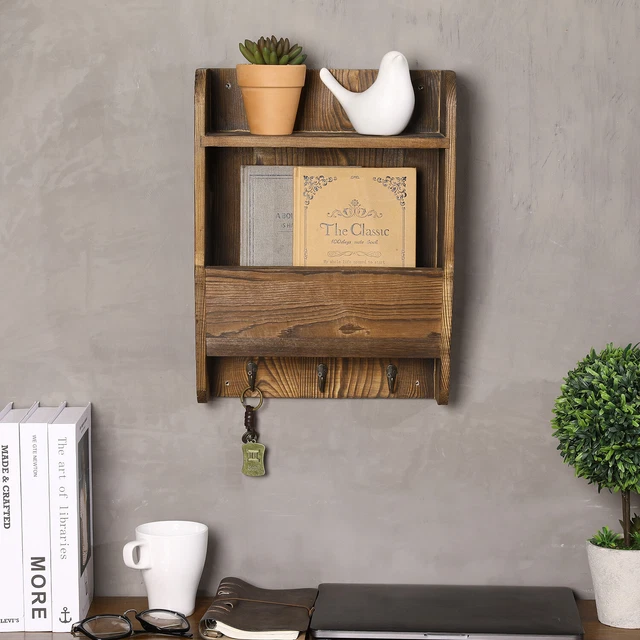 Wall Mounted Solid Wood Dark Brown Mail Sorting Storage Rack w/ Key Holder Hooks