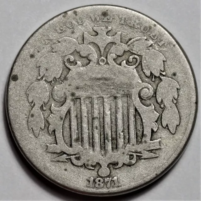 1871 Shield Nickel - US Key Date 5c Coin - L36