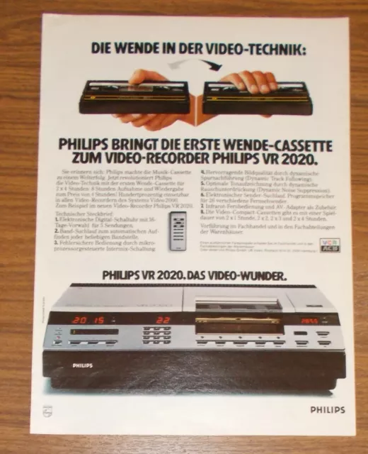 Seltene Werbung vintage PHILIPS VR 2020 Video 2000 VCR Videorecorder #1 1980