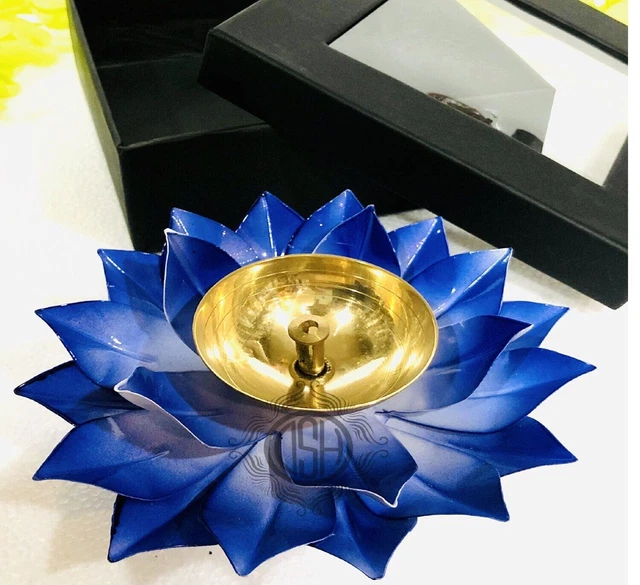 DSH Brass Lotus Design Diya Deepak Akhand Jyot Arti Puja Diya Home Decor (Blue).