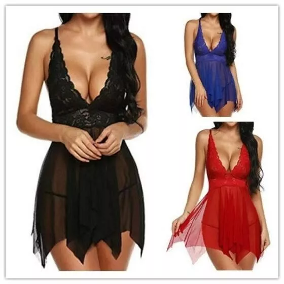 Sexy Lingerie Lace Dress Babydoll Women Underwear Nightwear Sleep G string Set